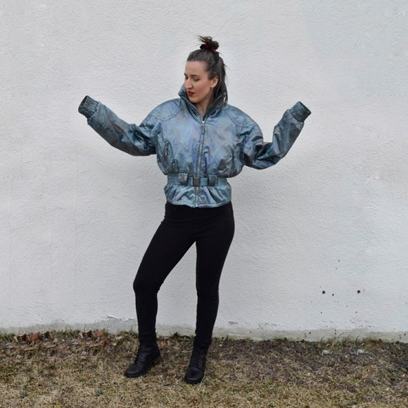 Vintage 80s Obermeyer Belted Cinch Waist Pearlescent Pastel Ski Jacket - Picture 4 of 6